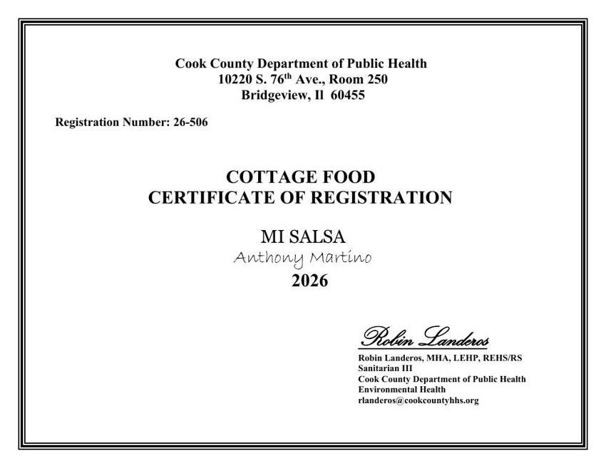 Cook County Department of Public Health Cottage Food Certificate of Registration for MI Salsa