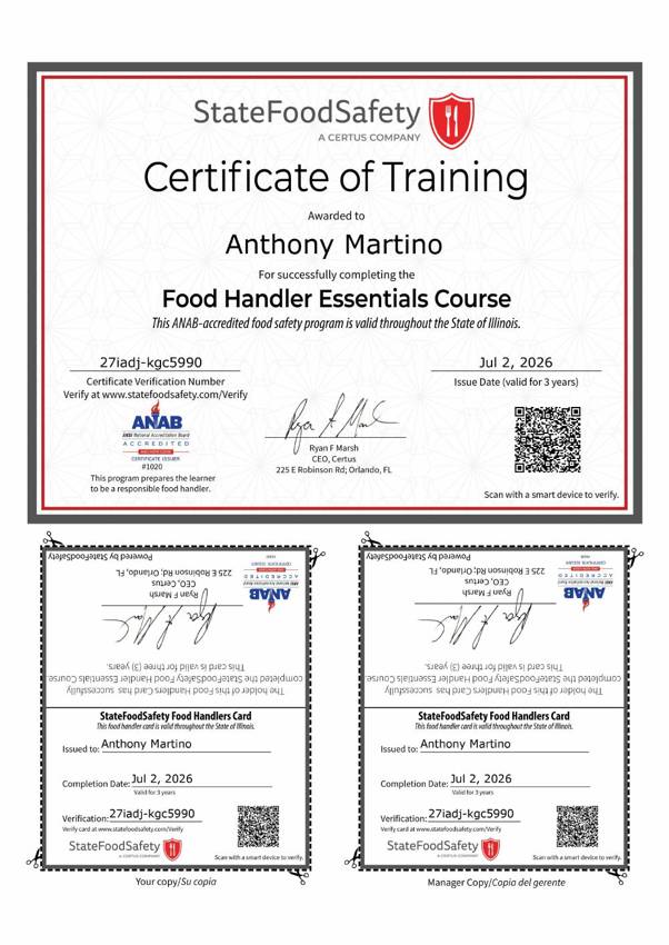 Illinois Food Handler Essentials Course certificate